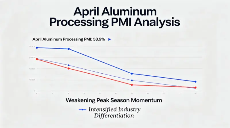 Alumiinin jalostuksen PMI putosi huhtikuussa 53,9 prosenttiin, mikä viittaa heikentymiseen huippusesongin aikana.